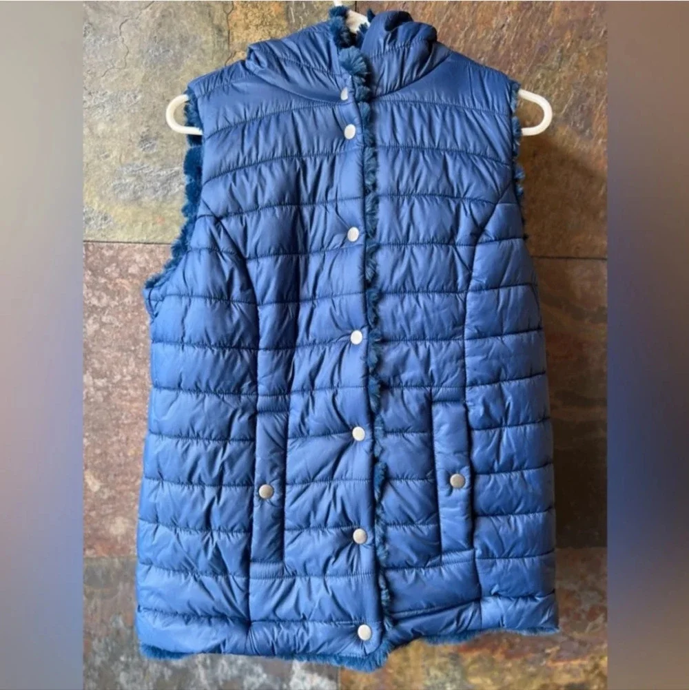 Soft Surroundings Rich Blue Plush Faux Fur Reversible‎ Vest